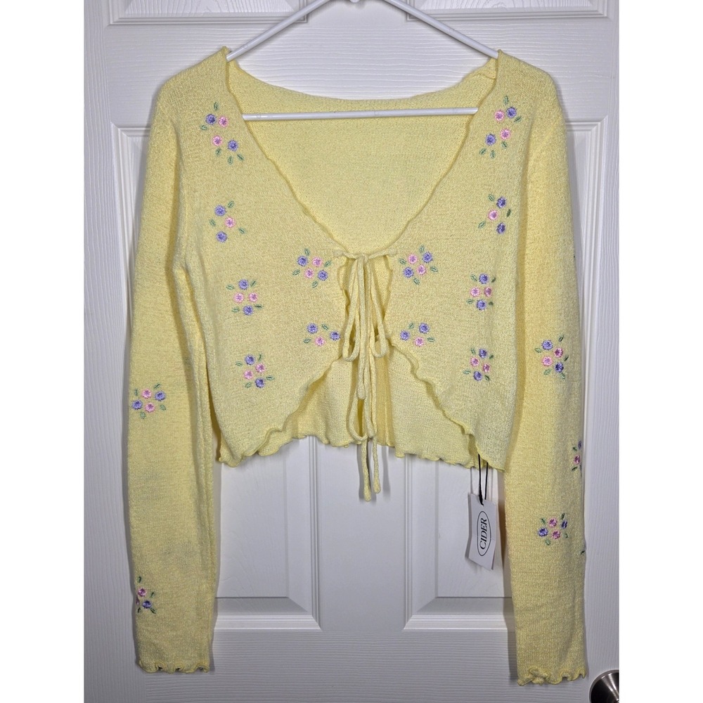 Cider Pastel Yellow Floral Embroidered Double Tie Front Cropped Cardigan M NWT